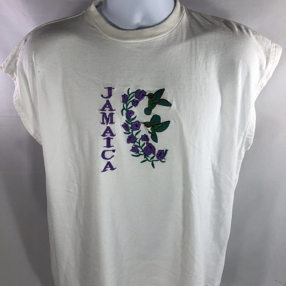 Vintage Jamaica Sleeveless T Shirt Womens Huming Bird Embroidered 90s XXXL 3XL - Picture 2 of 11